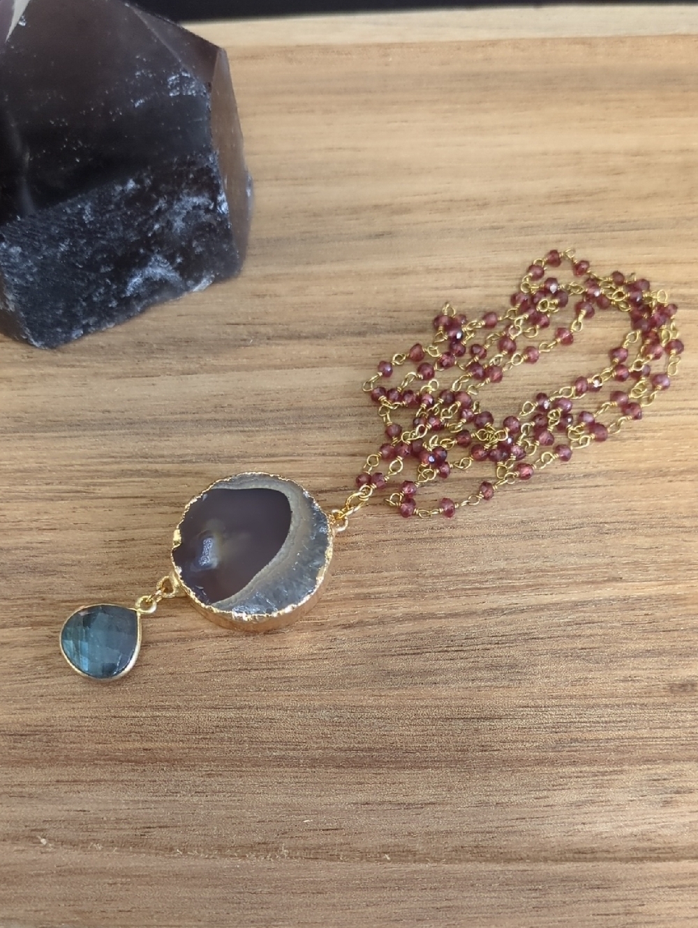 Agate And Labradorite Pendant Necklace with Garnet Bead Chain